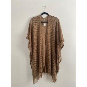 NWT Open Front Tan Crochet Kimono Wrap With Fringe OSFM